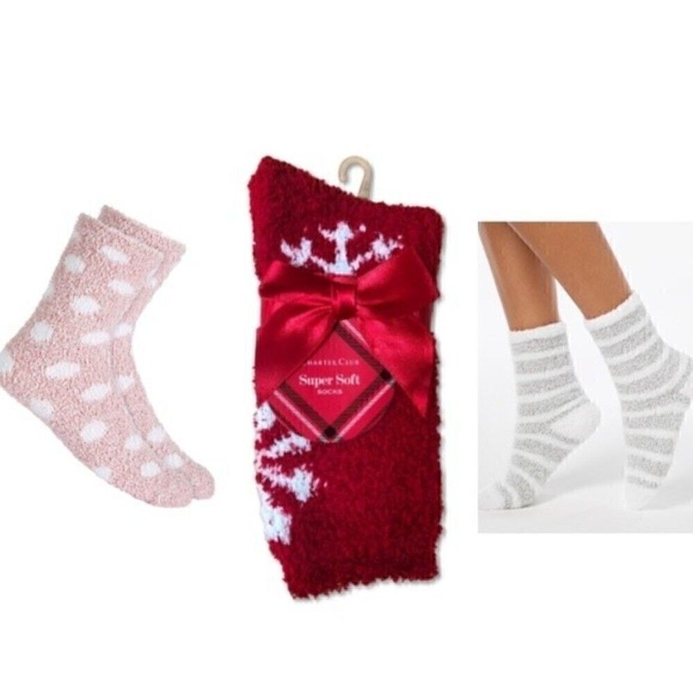 3 Set Charter Club Womens Size 9-11 Butter Super Soft Cozy Crew Socks pink red …